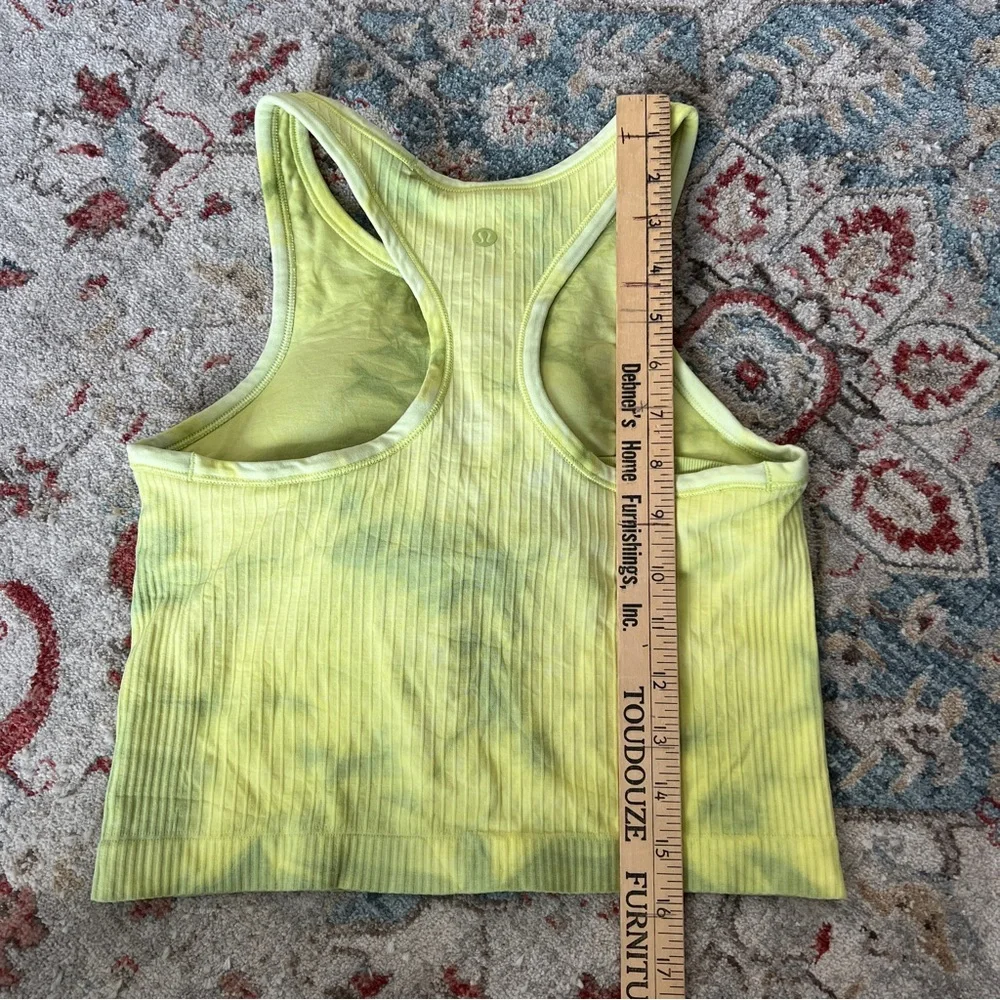 Lululemon Ebb to Street Racerback Crop Tank Top Tie Dye Lime Yellow Size 6 Yoga - Picture 5 of 8